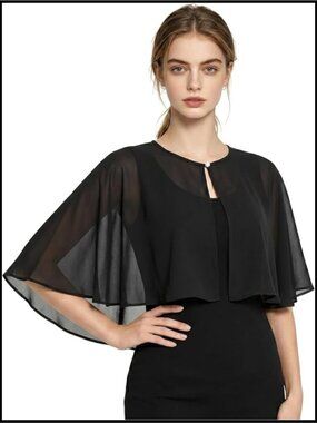 Chiffon Shawl Wrap Capelet with Pearl Button for Evening Dress Formal Party